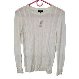 Talbots Lambswool Button Cuffs Cable Knit Sweater Womens Petite White NWT